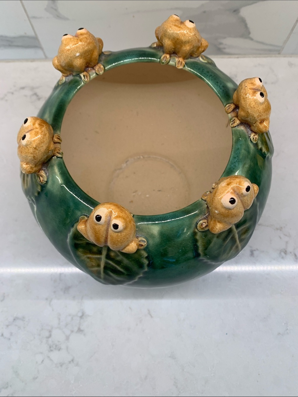 Vintage Majolica 6 Frog Lily Pad Green Glazed Planter - Picture 3 of 7